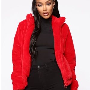FASHION NOVA red faux fur jacket
